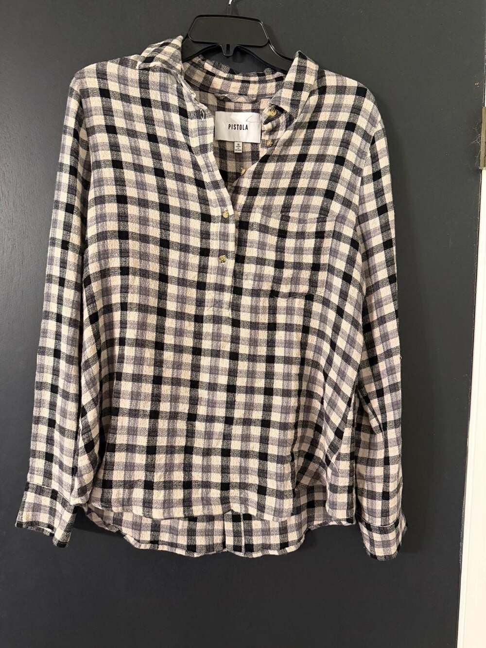Pistola Plaid Button Down Shirt Size S Black White Gingham Flannel Top